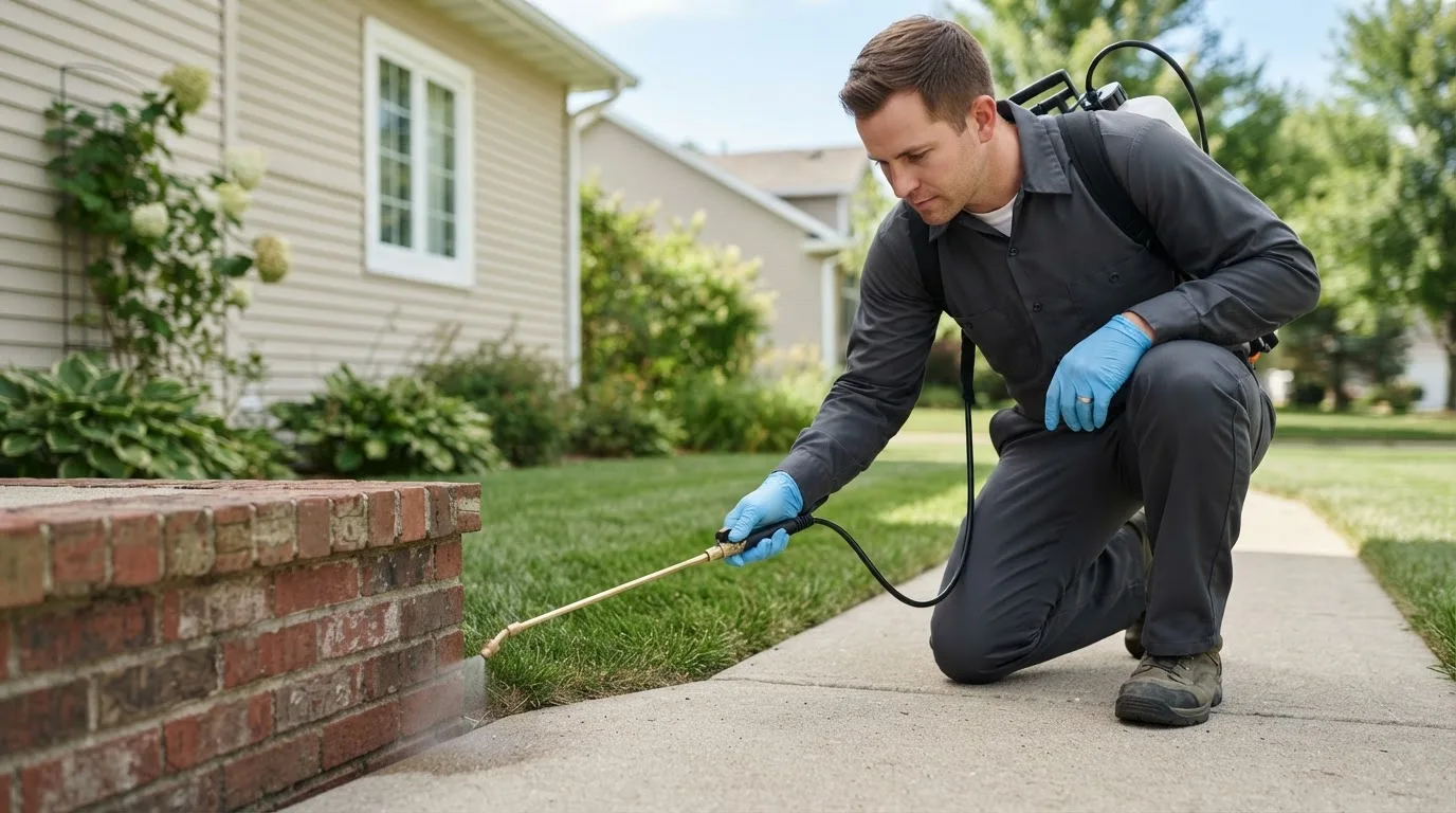 Pest control technician treating a home near Cropsey, IL