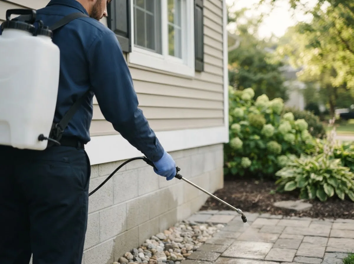Pest control technician inspecting a home in Cropsey, IL